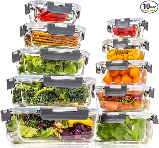 Glass Food Storage Containers with Lids Airtight, Glass Meal Prep Containers for Lunch, Glass Container Set, BPA Free(20 Pieces)