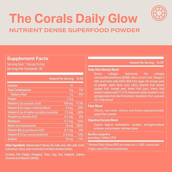 Proper, The Corals Daily Glow Beauty Blend - Nutrient Dense Superfood Powder with Collagen Peptides, Hyaluronic Acid Powder, Vitamin C, and MSM. Hair, Skin, Nail Vitamin Supplement for Women & Men