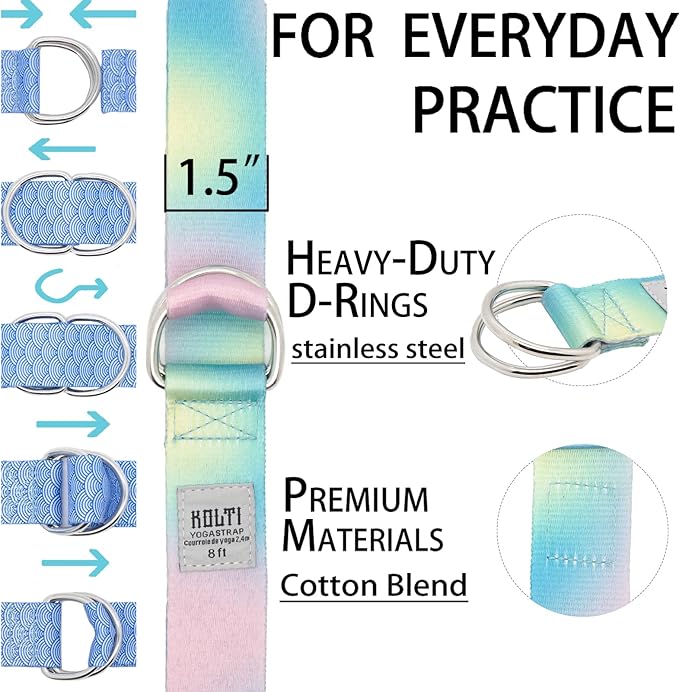 Yoga Exercise Adjustable Straps 8FT with Durable D-Ring for Pilates & Gym Workouts | Hold Poses, Stretch, Improve Flexibility & Maintain Balance