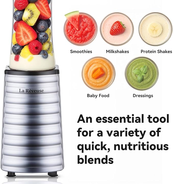 La Reveuse Smoothies Blender Single Serving 300 Watts with 18 oz BPA-Free Portable Travel Sports Bottle (Silver)