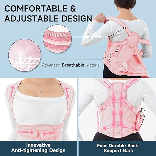 Back Brace for Posture Corrector for Women and Men with Heating Pad, Adjustable Full Back Support Brace, Back Heating Pad for Pain Relief -Hunchback, Spine Corrector (Pink, Large)