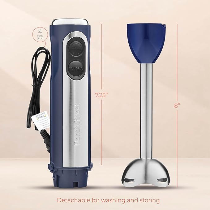 Powerful Immersion Blender, Electric Hand Blender 500 Watt with Turbo Mode, Detachable Base. Handheld Kitchen Blender Stick for Soup, Smoothie, Puree, Baby Food, 304 Stainless Steel Blades
