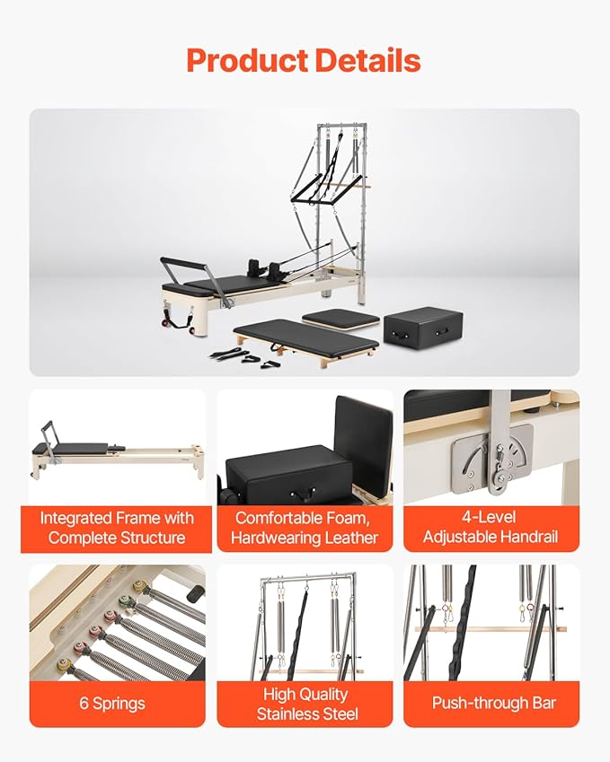 VEVOR Pilates Reformer Machine, Pilates Workout Equipment for Home Gym Studio Use, Pilates Bed with Dual Resistance- Spring & Cord, Reformer Set, Up to 400 LBS