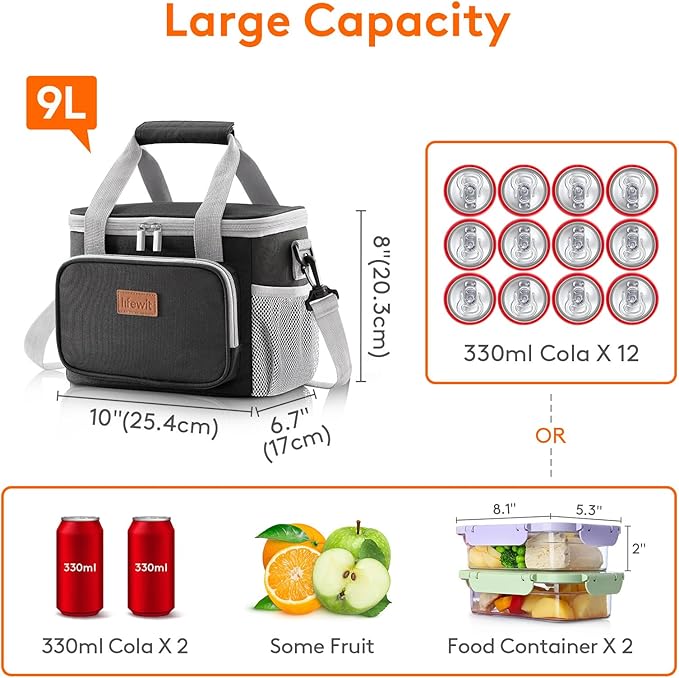 Lifewit Medium Lunch Bag Insulated Lunch Box Soft Cooler Cooling Tote for Adult Men Women, Gray and Black 12-Can (9L)
