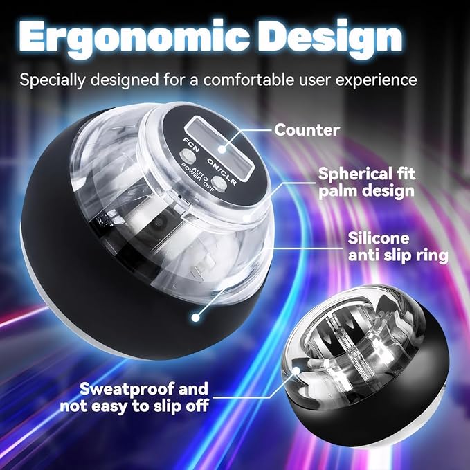 Cura Ball Hand Exerciser, Torque Gyro Ball Wrist Exerciser with LED Lights and Counter, Parallel Halo Power Wrist Ball for Strengthen Grip Strength, Arms, Fingers & Muscles, With Storage Pouch