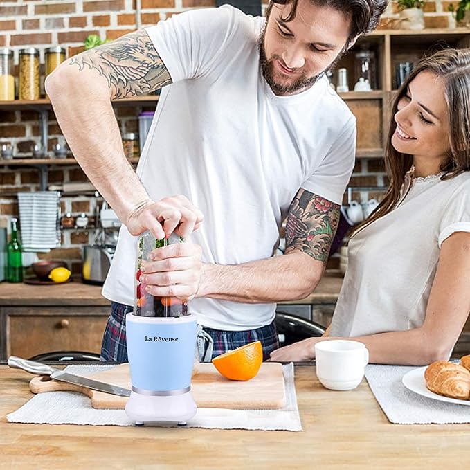 La Reveuse Personal Size Blender 250 Watts Power for Shakes Smoothies Seasonings Sauces with 1 Piece 15 oz Cup,1 Piece 10 oz Mug,BPA-Free (Sky Blue)