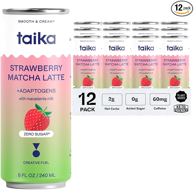 Taika Strawberry Matcha Latte - Ready to Drink Hot & Cold Brew Strawberry Matcha Latte in Cans - Organic Ceremonial Grade Matcha w/Ashwagandha, Lions Mane, & L-Theanine - 8 Fl Oz (Pack of 12) (8 Fl Oz (Pack of 12), Strawberry Matcha Latte)