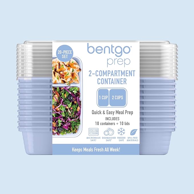 Bentgo 20-Piece Lightweight, Durable, Reusable BPA-Free 2-Compartment Containers - Microwave, Freezer, Dishwasher Safe - Periwinkle
