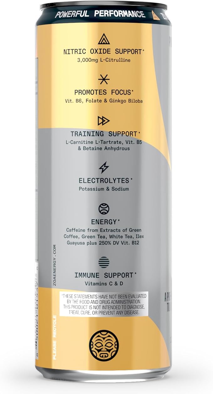ZOA+ Pre-Workout Energy Drink Supplement - NSF Certified for Sport with Zero Sugar, Nitric Oxide Support, B & D Vitamins, Amino Acids, and Electrolytes (Pineapple Passion Fruit) - 12 pack