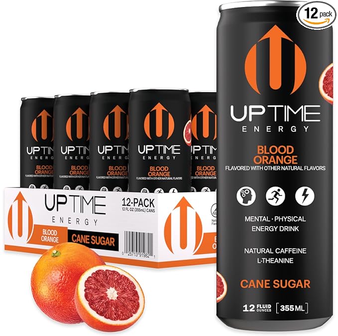 UPTIME Energy Drink, Blood Orange Cane Sugar, 12 Pack, Vitamin C, L Theanine, Calcium, Energy Drinks for Focus Support, 142mg of Natural Caffeine per Serving, Clean, Natural, Non GMO, 12 fl oz Cans
