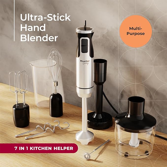 MuellerLiving Immersion Hand Blender Full Set - 8 Speed Immersion Blender, Hand Mixer with 7 Attachments: Stainless Steel Blade, Whisk, Milk Frother, Beater, Mixing Hooks, Potato Masher, Chopper Bowl