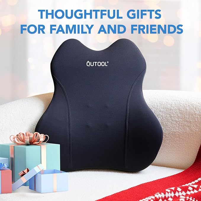 QUTOOL Lumbar Support Pillow for Car/Office Chair, Memory Foam Back Cushion for Car Seat, Back Pain Relief Adjustable Strap and Washable Cover, Lower Back Pillow Fits Most Cars, Trucks (Black)