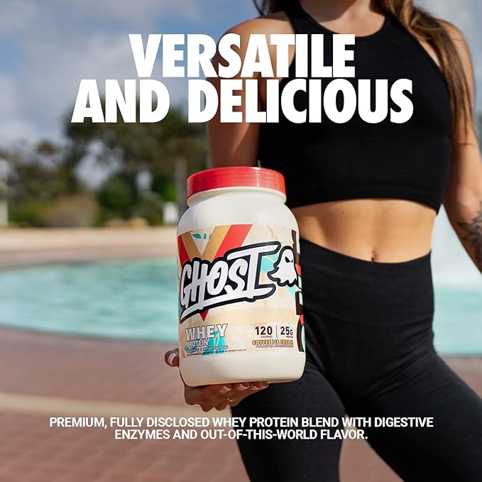 GHOST Whey Protein Powder, Coffee Ice Cream - 2LB, 25G of Protein - Whey Protein Blend - Post Workout Fitness & Nutrition Shakes, Smoothies, Baking & Cooking - Soy & Gluten-Free