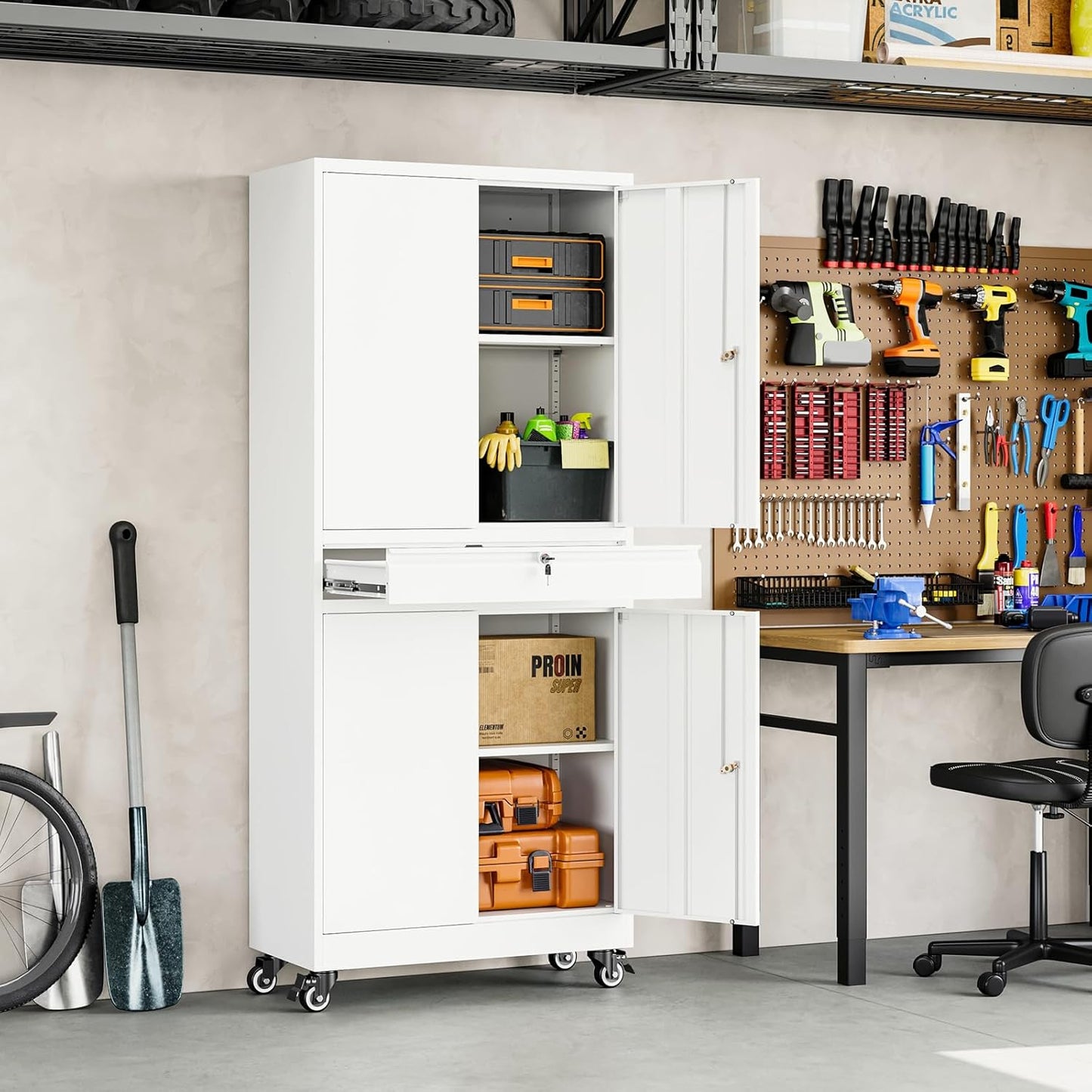 Yizosh Metal Garage Storage Cabinet with Locking Doors and Adjustable Shelves, 73" Rolling Tool Storage Cabinet with 4 Wheels and 1 Drawer for Garage,Warehouse