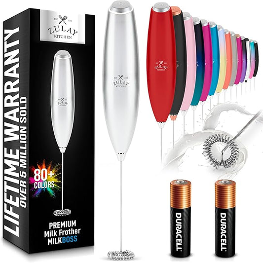 Zulay Kitchen Milk Frother Wand (2 Duracell Batteries Included) - Handheld Milk Frother - Easy-Clean Milk Frother Wand & Drink Mixer - Electric Coffee Frother for Frappe, Matcha - Silver