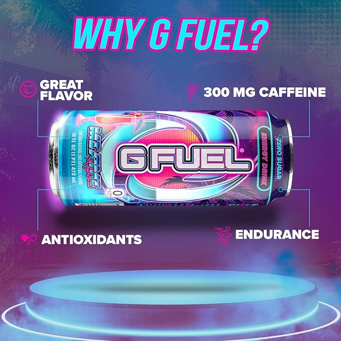 G Fuel Energy Drink, Strawberry Pina Colada, Sugar Free Beverage with 140mg Caffeine, Daily Energy Boost with Focus Amino, Vitamin + Antioxidants, 16 oz Cans (Miami Nights, 12-Pack)