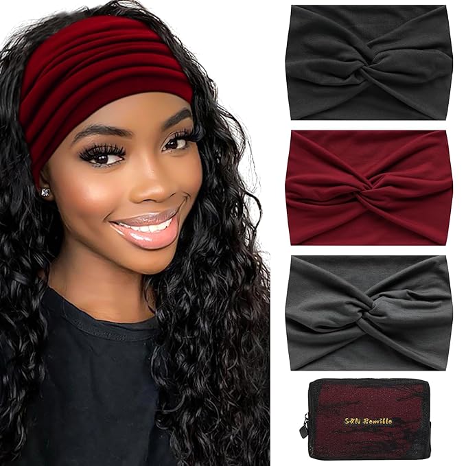 S&N Remille Wide Headbands for Women, Large Hairband, Elastic Non-Slip Headband Twist Knotted Accessories, Yoga Workout Vintage Hair 3 Pack (Colour-6)