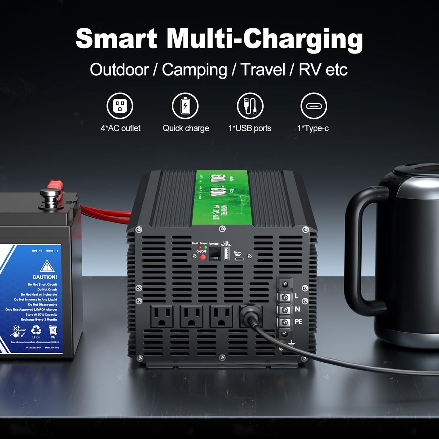 5600W Power Inverter,Peak Power 11200W 12V DC to AC 110120V,Remote Control with 4AC Outlets and3.1USB Port,LCDDisplay for Outdoor Activities,Emergency