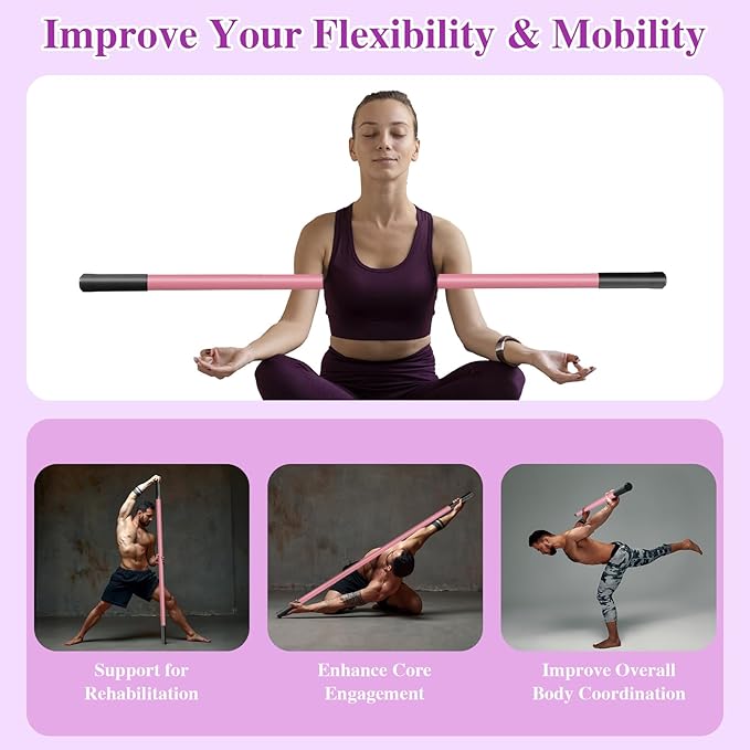 5ft Yoga Stick - Sturdy Steel Adjustable Stretching Stick for Mobility,Flexibility & Balance | Non-Slip Ends & Foam Handles | Exercise Pole for Fitness,Physical Therapy,Posture Correction