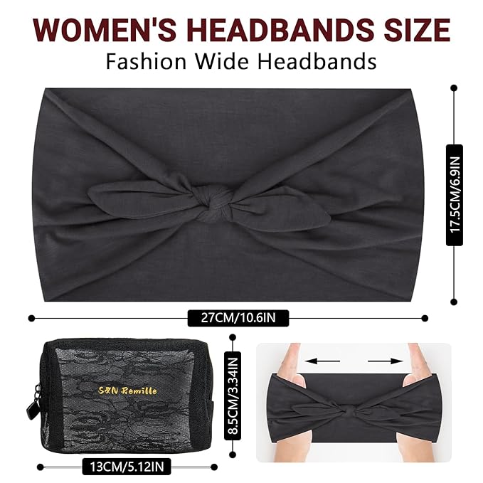 S&N Remille Wide Headbands for Women, Large Hairband, Elastic Non-Slip Headband Twist Knotted Accessories, Yoga Workout Vintage Hair 3 Pack (Multi-colored-4)