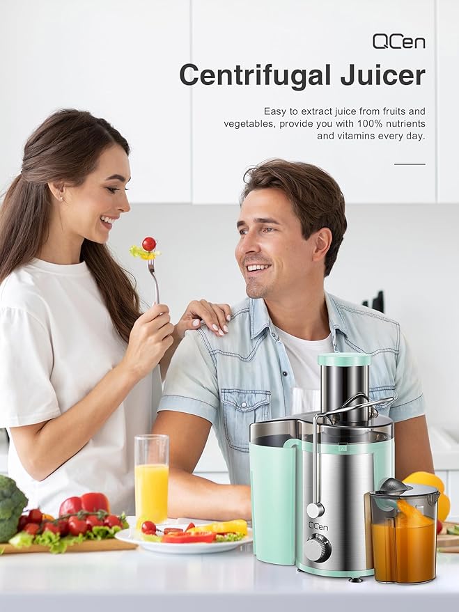 QCen Juicer Machine, 800W Centrifugal Juicer Extractor with Wide Mouth 3” Feed Chute for Fruit Vegetable, Easy to Clean, Stainless Steel, BPA-free (Aqua)