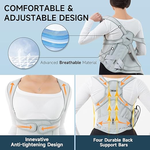 Back Brace Posture Corrector for Women and Men with Heating Pad, Adjustable Full Back Support Brace, Back Heating Pad for Pain Relief - Scoliosis, Hunchback, Spine Corrector (Gray, Large)