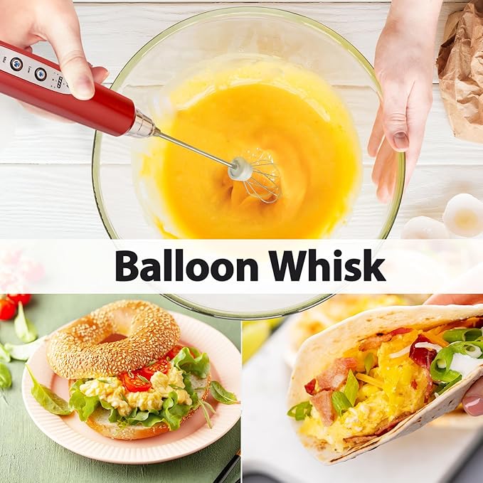 Milk Frother with Stand Rechargeable-Handheld Frother Wand with 3 Stainless Whisks 3 Speed Adjustable, Electric Whisk Drink Mixer, Foam Maker Blender for Matcha Latte Cappuccino Chocolate