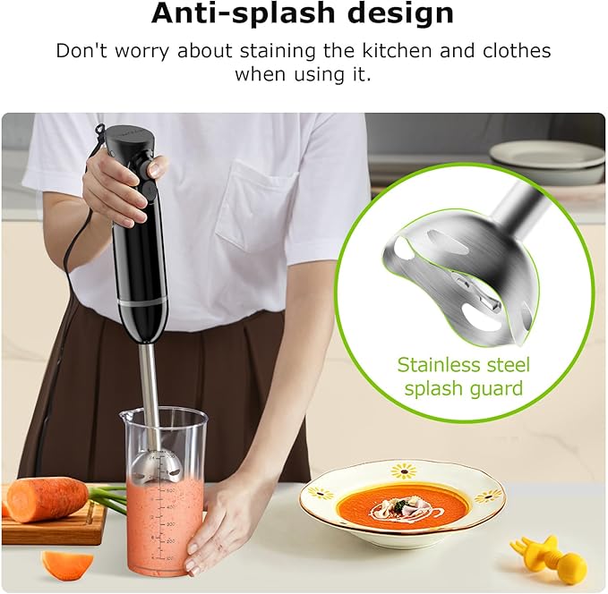 Bonsenkitchen Hand Blender, Immersion Blender with 2 Mixing Speed, Electric Handheld Blender Portable Stick Mixer with Stainless Steel Blades for Soup, Smoothie, Puree, Baby Food