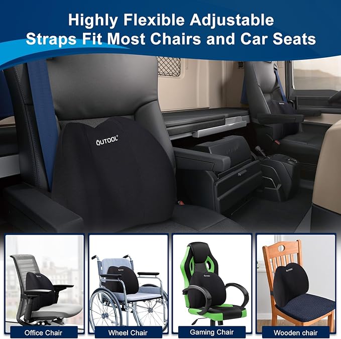 QUTOOL Lumbar Support Pillow for Office Chair, Memory Foam Low Back Support,Back Pain Relief, Ergonomic Large Back Cushion for Desk Chair,Gaming Chair,Adjustable Strap and Washable Cover