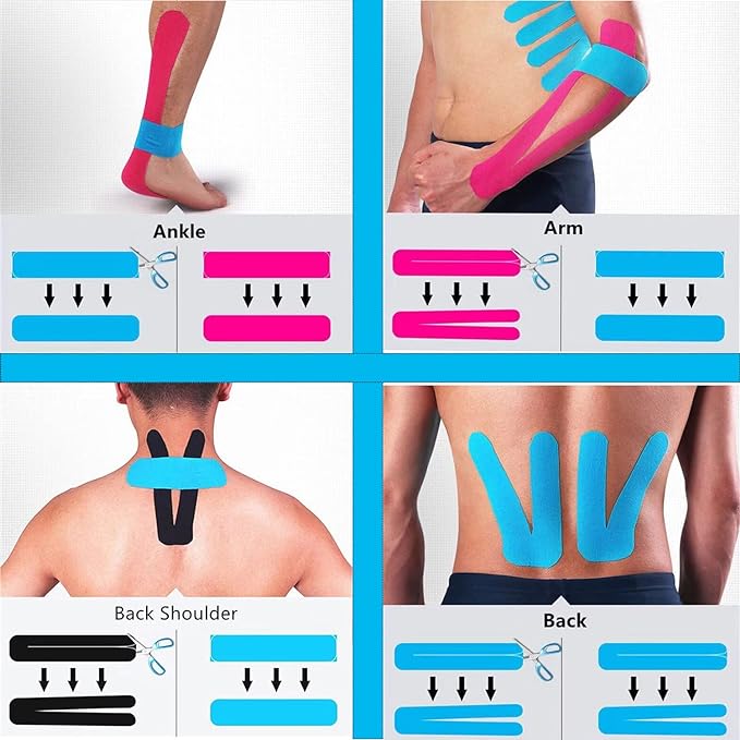 Kinesiology Tape Pro Athletic Sports (3 Rolls,60 Precut Strips) Waterproof Breathable Latex Free Tape for Ankle Wrists Knees Elastic Running Tennis Swimming Football Sports Activities Tapes(Blue)