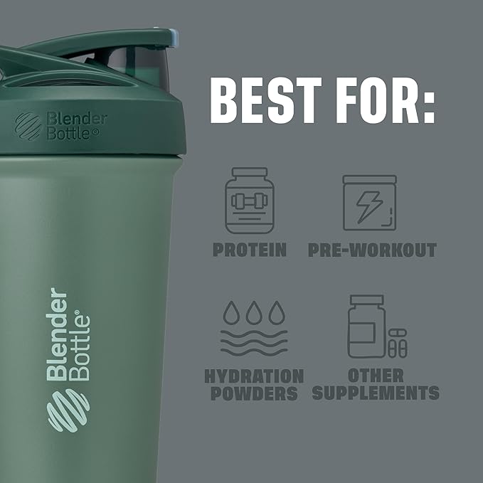 BlenderBottle Strada Sleek Shaker Cup Insulated Stainless Steel Water Bottle with Wire Whisk, 25-Ounce, (Green) Seaglass