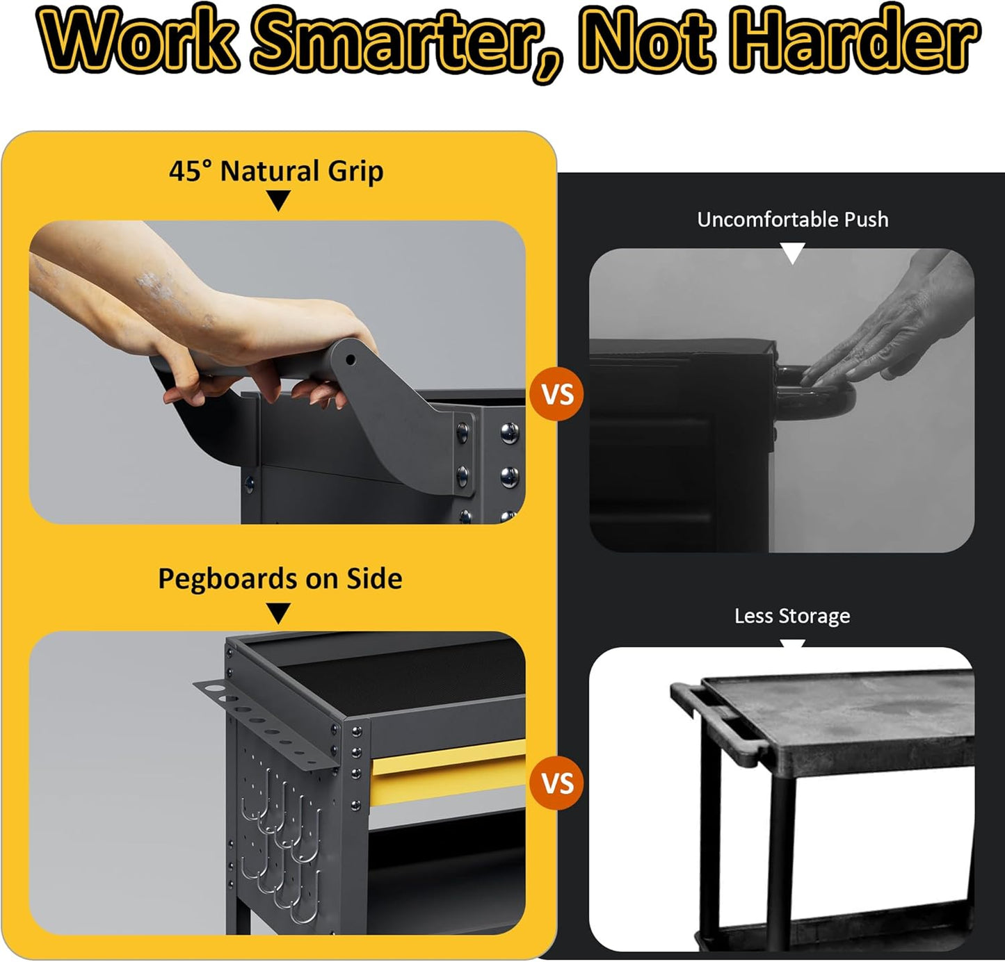 3 Tier Rolling Tool Cart on Wheels, Heavy Duty Utility Cart, Work Cart with Drawers and Pegboards, 440 LBS Loading Capacity Tool Storage Trolley for Mechanic, Garage, Workshop