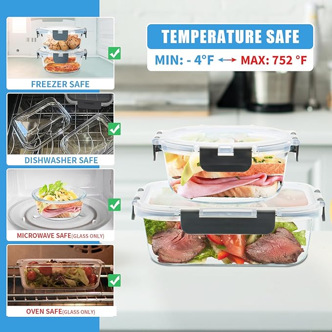 6 Pack Glass Food Storage Containers, BPA Free Meal Prep Containers with Leak Proof Lids, Freezer to Microwave Safe