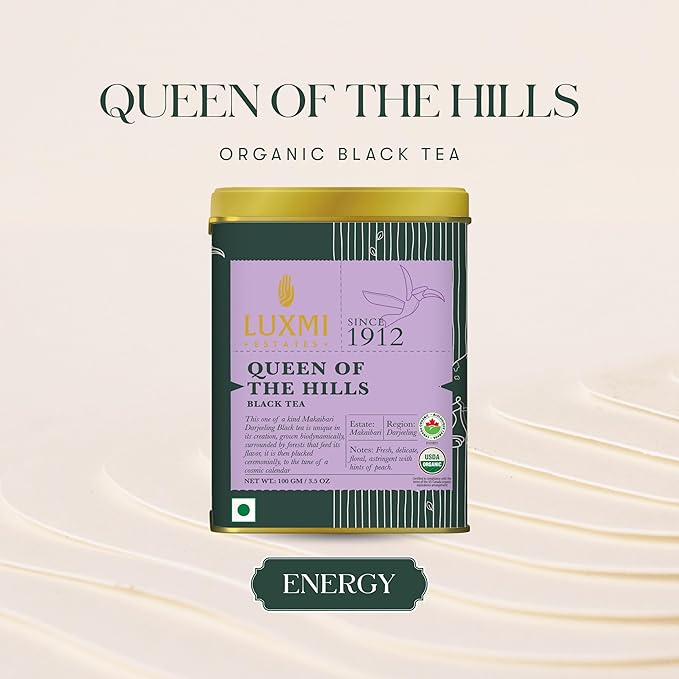 Luxmi Estates - Queen of the Hills - Organic Black Tea - Loose Leaf - 100g (50 Cups) | Freshly Harvested Organic Makaibari Darjeeling Tea | Best Natural Flavor Tea The World Has To Offer