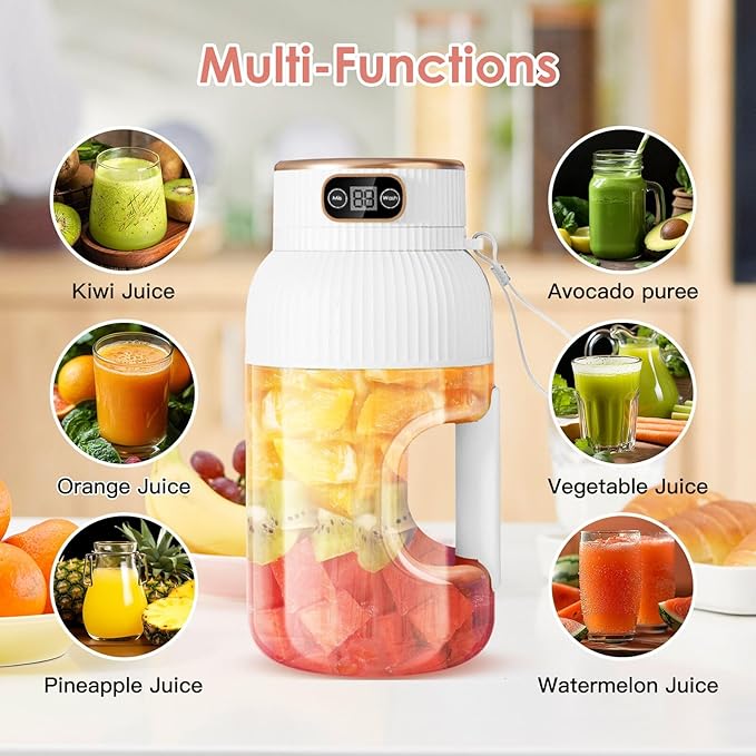 Portable Juicer Cup, Multifunctional Portable Juicer with Digital Display, 40 Oz BPA Free Smoothie Cup To Go, USB Rechargeable Electric Blender for Kitchen/Home/Travel - White