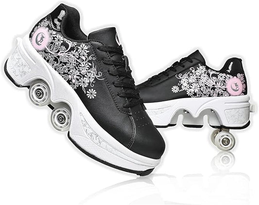 Roller Skate Shoes for Women Four Rounds Children's Roller Skates Shoes That Turn into Rollerskates Sneakers Outdoor Light Shoes with Wheels for Girls/Boys