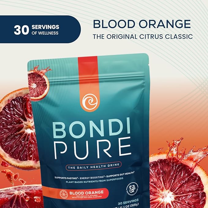 Bondi Pure - Daily Health & Detox Drink - Promote Gut Health & Energy Support During a Cleanse or Intermittent Fasting - Plant-Based Fibers, Alkalizing Super Greens - Blood Orange (3-Pack)