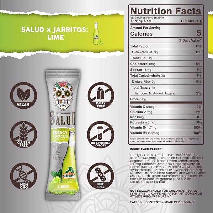 Salud x Jarritos 2-in-1 Energy Drink Powder + Focus, Lime, Organic Caffeine, B6 + B12, Theanine, Clean Energy Drink Packets, Limon Agua Fresca Mix, Non-GMO, Gluten Free, 1g of Sugar, (15 Servings)