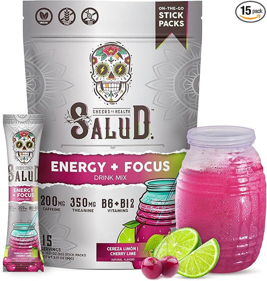 Salud 2-in-1 Energy Drink Powder + Focus, Cherry Lime, Organic Caffeine, B6 + B12, Theanine, Clean Energy Drink Packets, Agua Fresca Mix, Non-GMO, Gluten Free, Vegan, 1g of Sugar, (15 Servings)