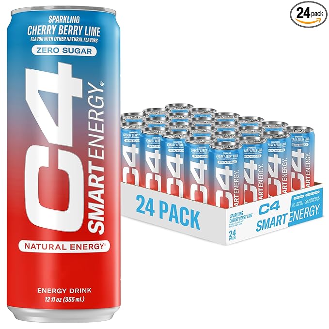 C4 Smart Energy Drink - Sugar Free Performance Fuel & Nootropic Brain Booster, Coffee Substitute or Alternative | Cherry Berry Lime 12 Oz - 24 Pack
