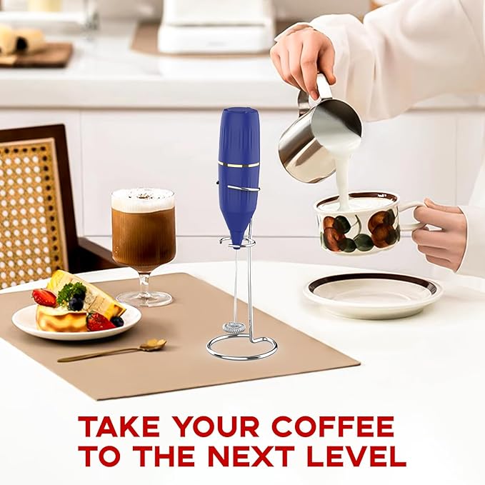 Handheld Milk Frother 14,000 RPM Drink Mixer Wand with Stand & Stirring Spoon Quiet One-Button Operation, Non-Slip Handle, Detachable Whisk Head for Coffee, Lattes, Cappuccinos, Matcha (Blue)
