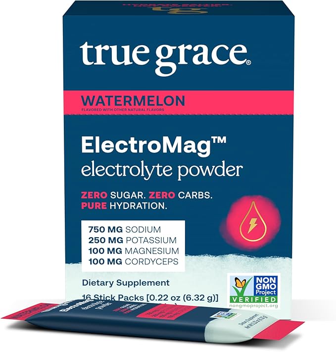 True Grace ElectroMag - 16 Stick Packs - Watermelon - Electrolyte Powder for Rapid Hydration - Sodium, Potassium, Magnesium & Cordyceps - Zero Sugar & Carbs - Non-GMO - 16 Total Servings