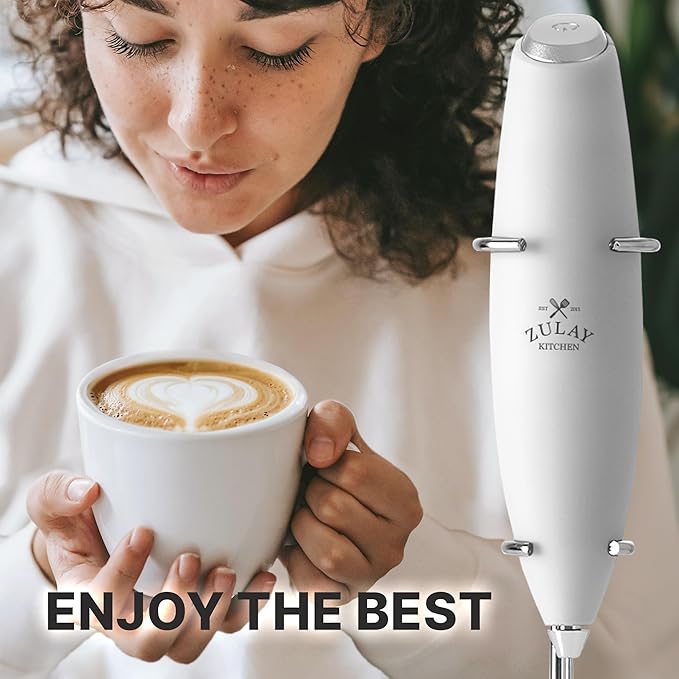 Zulay Kitchen Tornado Milk Frother Handheld Wand – Electric Coffee Frother with Triple Whisk & Stand – Hand Held Drink Mixer for Latte, Cappuccino, Matcha, Hot Chocolate, Protein Shakes – White