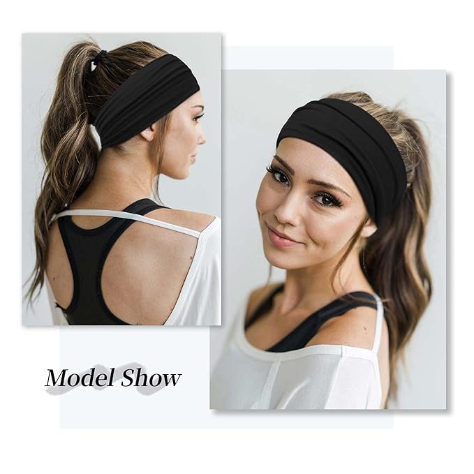 Wide Headbands for Women Black Stylish Head Wraps Boho Thick Hairbands Large African Leopard Printed Sport Yoga Turban Headband Hair Accessories (Pack of 4)