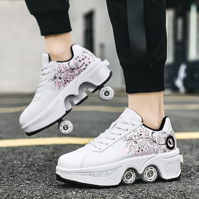 Roller Skate Shoes for Women Four Rounds Children's Roller Skates Shoes That Turn into Rollerskates Sneakers Outdoor Light Shoes with Wheels for Girls/Boys