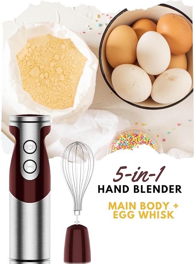 MegaWise 5-in-1 Immersion Hand Blender Set with Variable Speed, 400W, Stainless Steel - Includes Chopper, Whisk, Milk Frother, and Beaker - Ideal for Soups, Smoothies, Baby Food & More (RED)