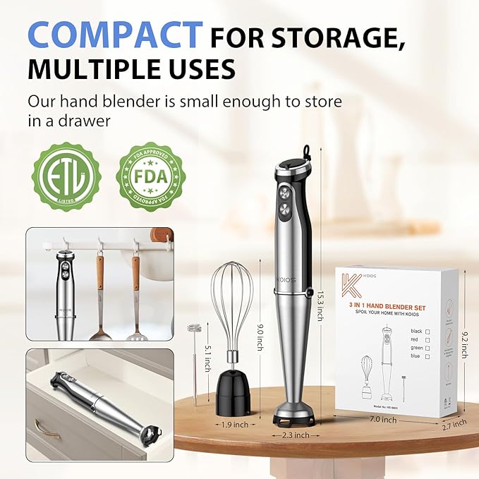 KOIOS Immersion Blender, 1000W Anti-scratch 3-in-1 Hand Blender, Upgraded 12 Speed Stainless Steel Blade Stick Blender with Turbo Mode, Whisk and Milk Frother, Non-BPA, Black