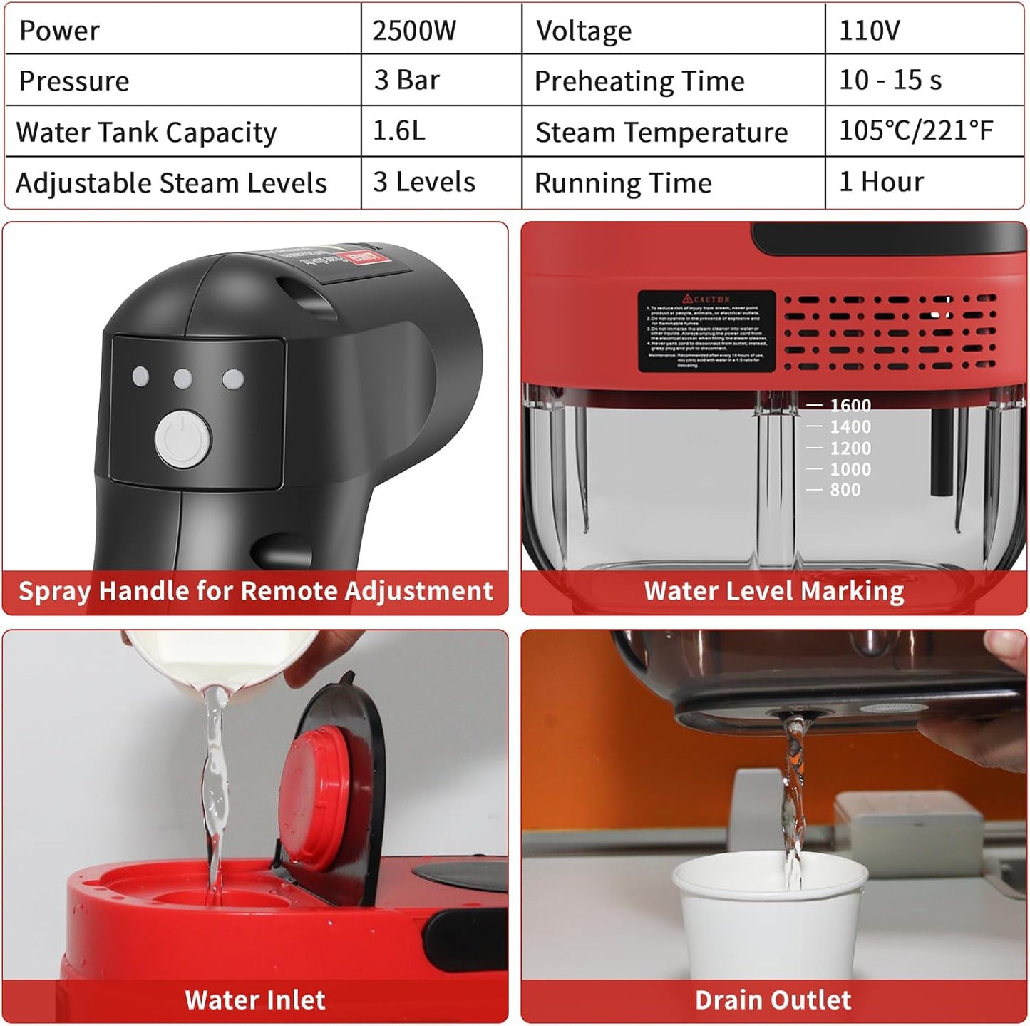 Handheld Steam Cleaner for Home, 2500W High Temperature Pressurized Machine, 1.6L Water Tank, Handle-controlled Steam Output, Portable Cleaning Steamer for Car, Bed Bugs, Furniture, Grout (Red)