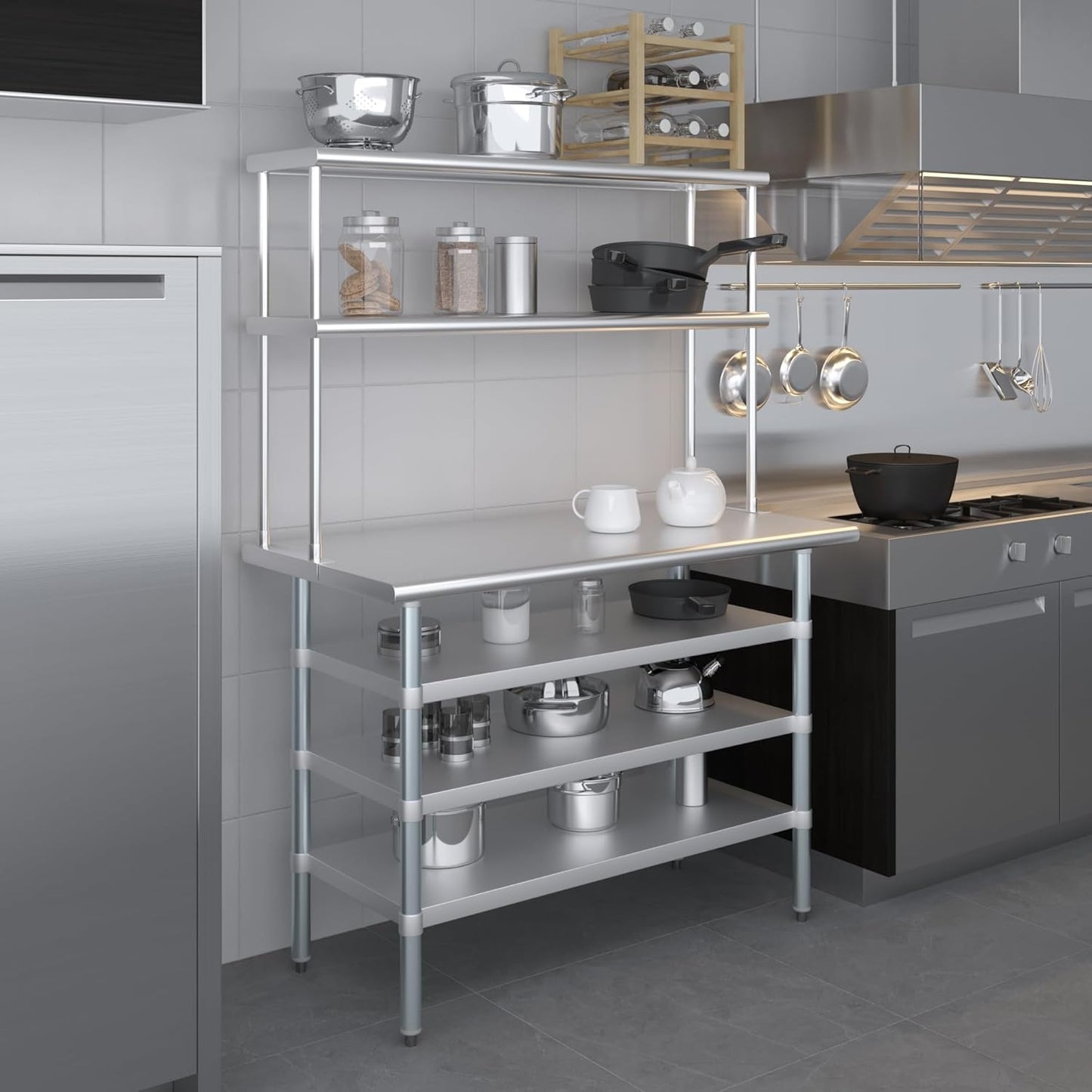 Amgood (24" x 48" Stainless Steel Work Table with 3 Shelves and 12" Wide Double Tier Overshelf | Metal Kitchen Prep Table & Shelving Combo | NSF