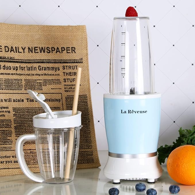 La Reveuse Personal Size Blender 250 Watts Power for Shakes Smoothies Seasonings Sauces with 1 Piece 15 oz Cup,1 Piece 10 oz Mug,BPA-Free (Sky Blue)